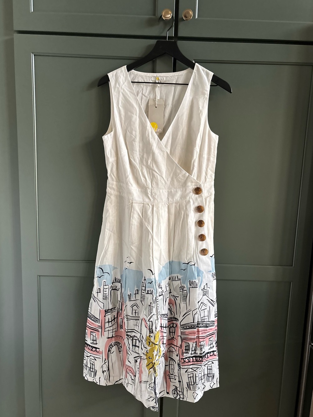 NWT BODEN Arwen City Print Wrap Midi  Dress, Ivory, Linen Mix, Sleeveless, 8R